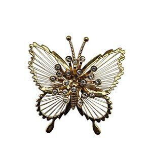 Gold Tone Monet Butterfly Brooch With Clear Rhinestones